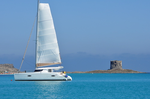 Catamarano in navigazione di fronte alla Torre della Pelosa